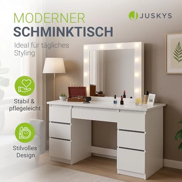 Juskys Schminktisch Talea, Weiß, mit LED-Spiegel, 7 Schubladen, 110x141x40 cm – Bild 2