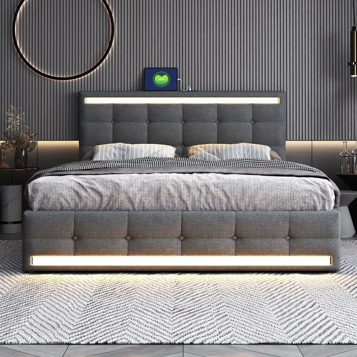 Polsterbett 140x200 cm LED Beleuchtung mit USB & Stauraum, modernes Doppelbett mit Leinenstoff Grau – Bild 5