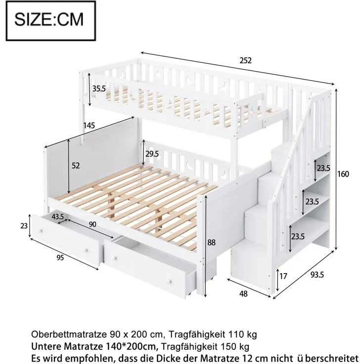 Kinder Etagenbett 90x200 & 140x200 mit Treppe, Stauraum, Schubladen, Leiterregal, platzsparendes Massivholz-Design für Kinderzimmer – Bild 4