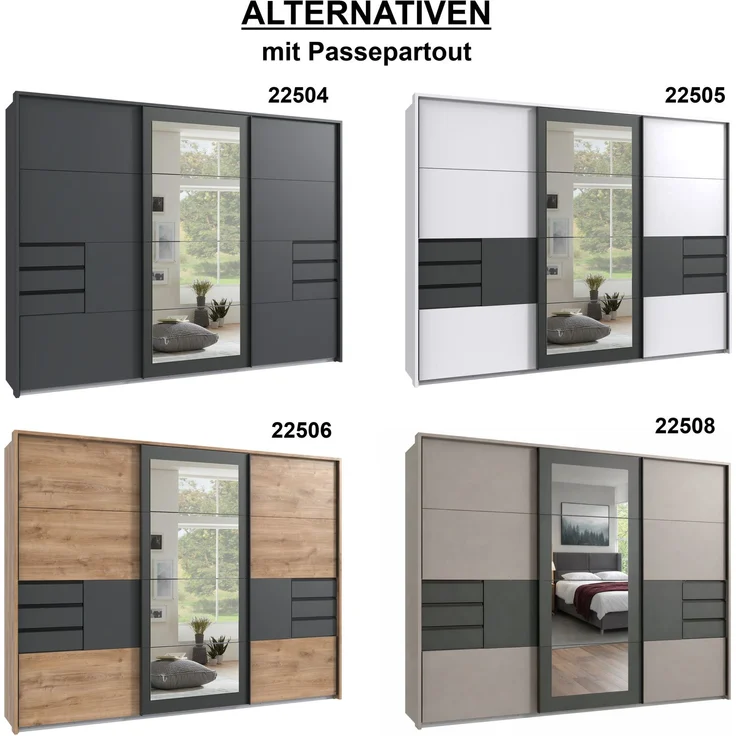 Schwebetürenschrank Kleiderschrank 273 cm Passepartout Schubladen Spiegel Weiß Grafit – Bild 10