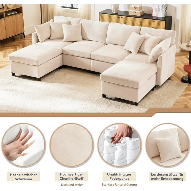 Ball & Cast U-förmiges Eckcouch mit Schlaffunktion, 4-Sitzer Sofa mit 2 Fußhocker für das Wohnzimmer Wohnung Villa, 278 x 81 x 161 (BxHxT), Beige – Bild 8