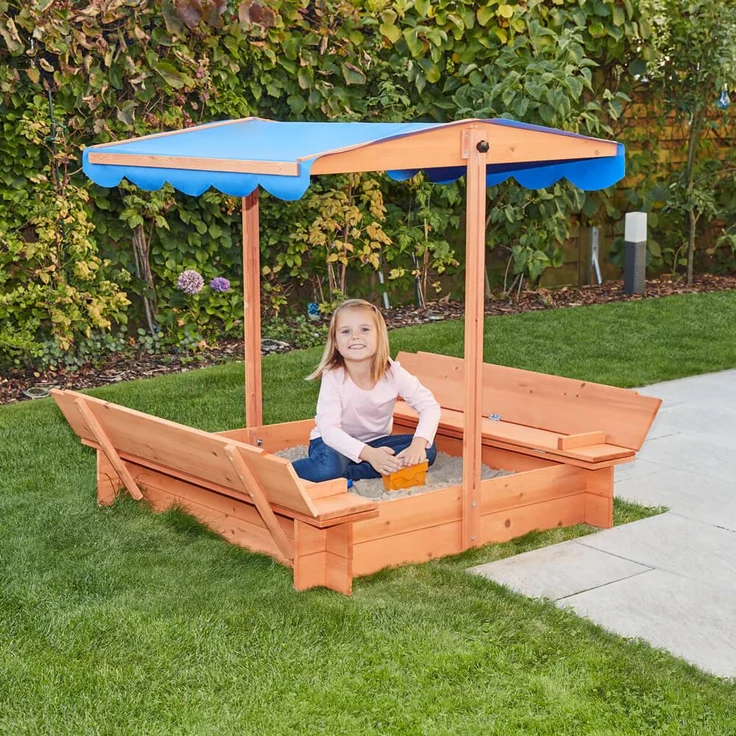 Home Deluxe Sandkasten inkl. Sonnenschutz und Bodenplane, Holz natur / blau, 110 x 110 x 110 cm