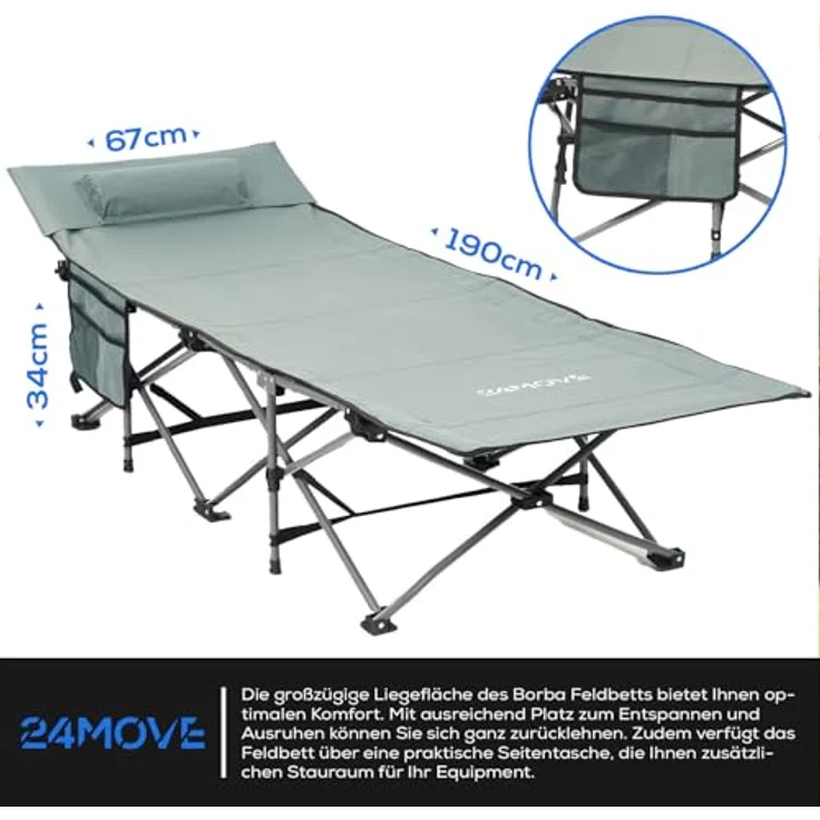 24Move Regal Feldbett, Gartenliege, Campingbett bis 150 kg, klappbar, zelten, grau, wasserabweisend, inkl. Seitentasche – Bild 6