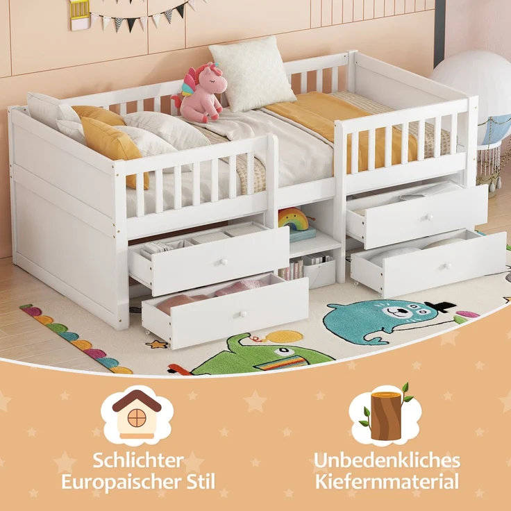 Halbhohes Bett, 90*200cm , 4 Schubladen, Geländer, Leiter, Kiefernholz, Ohne Matratze, Minimalistischer Stil, Weiß – Bild 3