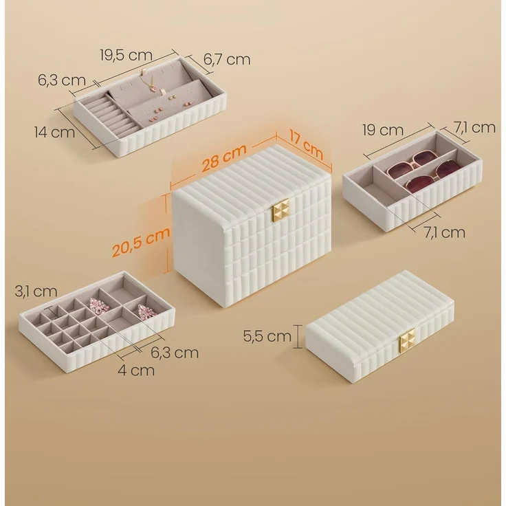 Songmics HOME ANAH Kollektion - Schmuckkästchen stapelbar mit Spiegel, 4 Ebenen Schmuckaufbewahrung, PU mit Nähten, schwebender Effekt, 17 x 28 x 20,5 cm, Geschenkidee, wolkenweiß – Bild 5