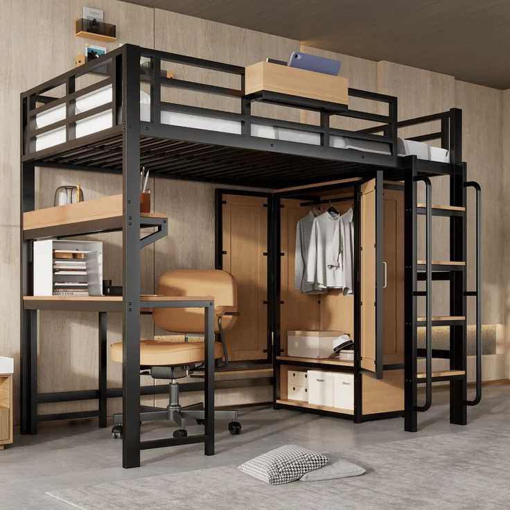 Hochbett mit, Schreibtisch, Regal, Kleiderschrank, Lattenrost, Leiter, Rausfallschutz und Aufbewahrungsbox, 90x200cm, Kinderbett, Metallbett – Bild 1