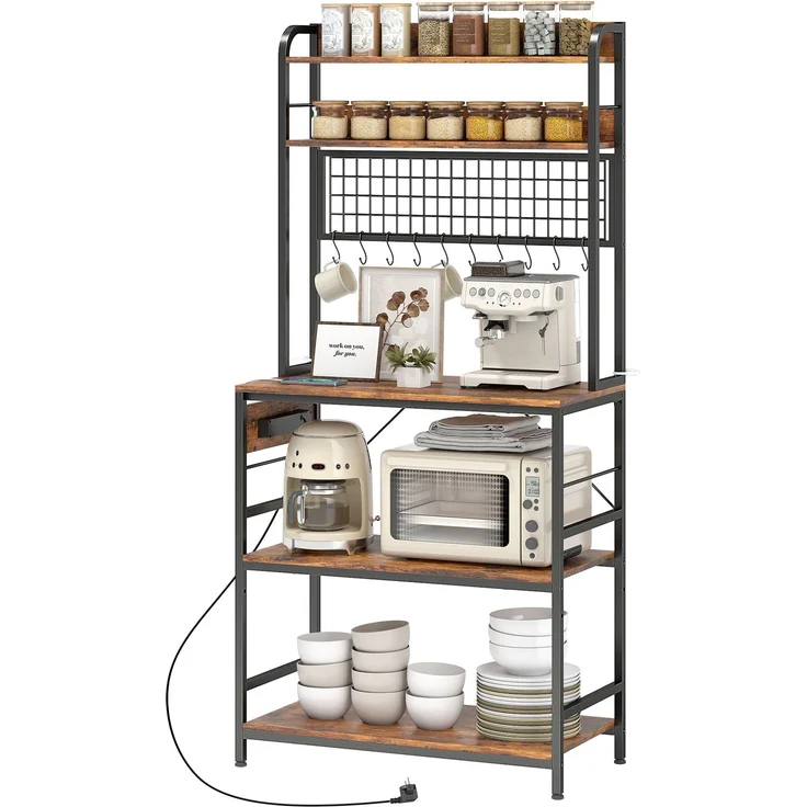 JARDJ Küchenregal mit Ladestation, 5 Ablagen und 10 S-Haken, aus Holz und Stahl, 80 x 40 x 170 cm, Braun – Bild 2