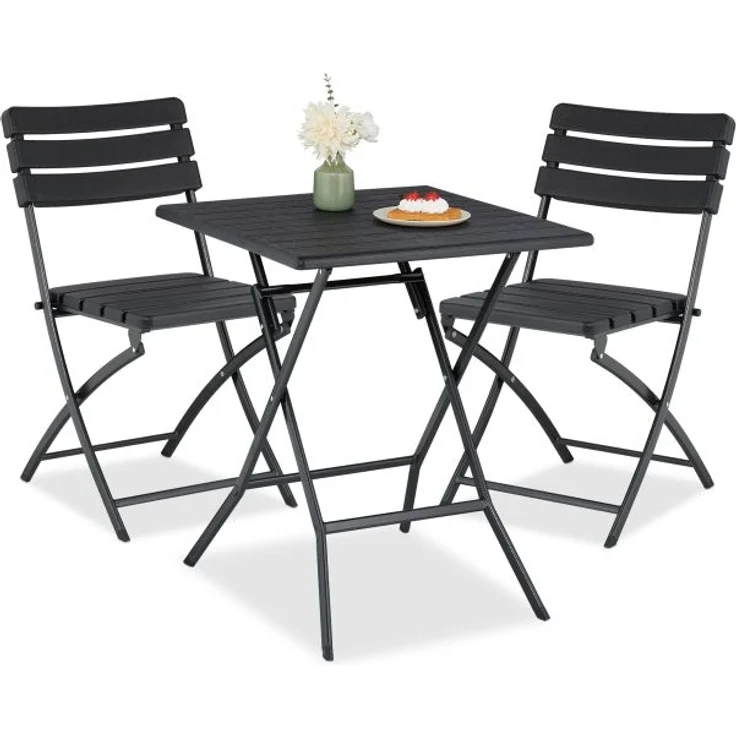 Relaxdays Balkonmöbel-Set, 3-tlg, in Holzoptik, Kunststoff / Stahl schwarz, 74 x 61 x 61 cm – Bild 1