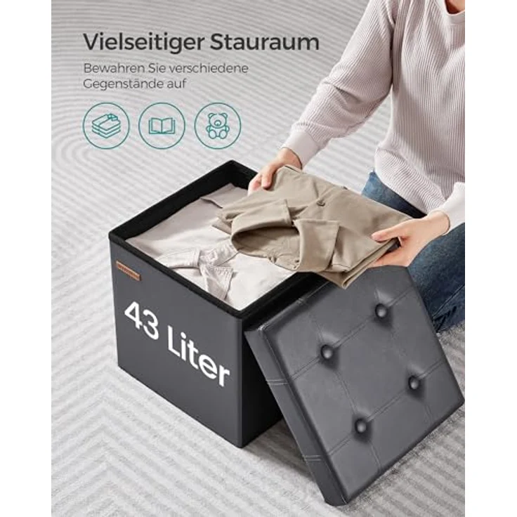 SONGMICS Sitzhocker 38 cm, Aufbewahrungsbox faltbar, Fußhocker mit Deckel, aus Kunstleder, bis 300 kg belastbar, für Eingang, Wohnzimmer, Schlafzimmer, schiefergrau LSF030G11 – Bild 6