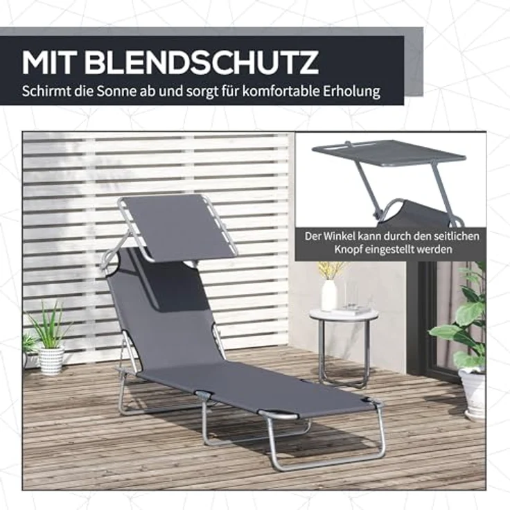 Outsunny Sonnenliege Gartenliege Wellnessliege Strandliege klappbar mit Sonnenschutz Grau 187 x 58 x 36 cm – Bild 7