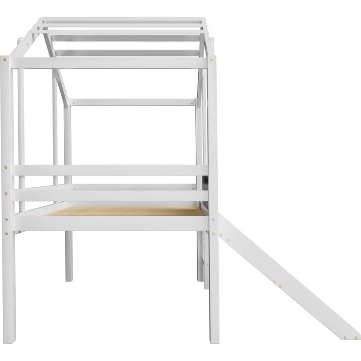 Kinder-Loftbett 90x200 cm mit Rutsche, Hausstil, Leiter & Blackboard,Massivholz Spielbett,Weiß – Bild 10