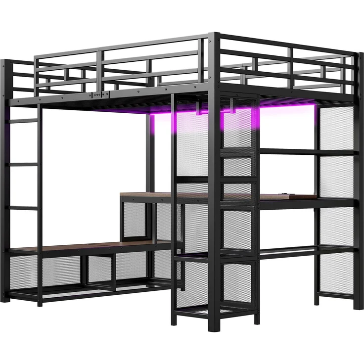 U-life Metall-Hochbett 140x200 cm mit Schreibtisch, offenem Kleiderschrank, USB-Ladestation und LED-Beleuchtung, Schwarz – Bild 9