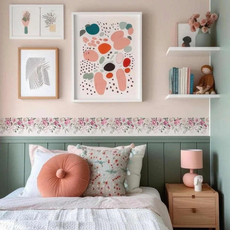Muralo Bordüre Wandbordüre selbstklebend Blumen – Tapetenbordüre Wohnzimmer, floral, Aquarell-Rosen in Rosé mit Eukalyptus, 10x300 cm, abwischbar – Bild 4