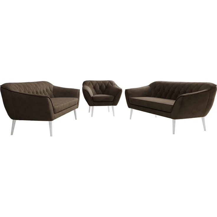 Wohnzimmerset, Möbelset PIRS 3-3-1, Armlehnen, Wellenfederung, weiße Füße, Dreisitzer Sofas mit Sessel, Polstermöbel Set - Braun Velvet – Bild 6
