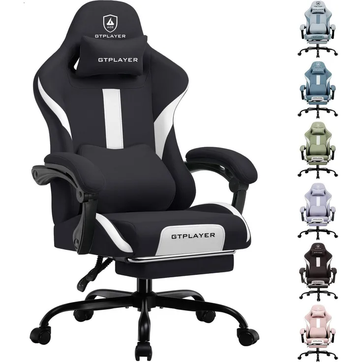 GTPLAYER Gaming Stuhl, Gamer Stuhl, Atmungsaktiver Bürostuhl aus Hochwertigem Stoff, Ergonomischer PC-Stuhl, Verstellbarer und Drehbarer Schreibtischstuhl mit Fußstütze Schwarz