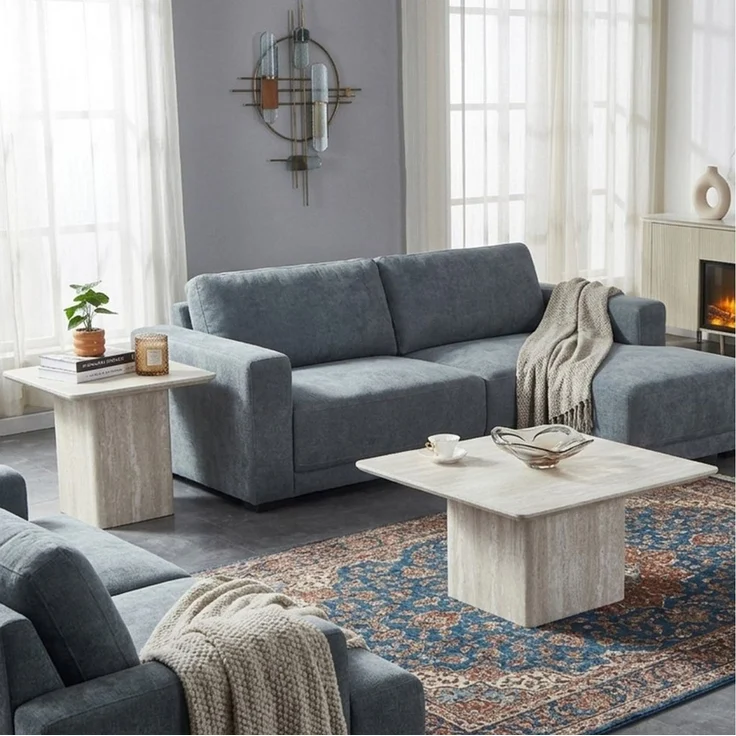 HOOZ Couchtisch Wohnzimmertisch rund 2er Set quadratisch Traventin-Optik Kalk 80&60cm (Set, 2× Satztisch), Sofatisch mit geometrischem Gestell – stabil & pflegeleicht – Bild 2