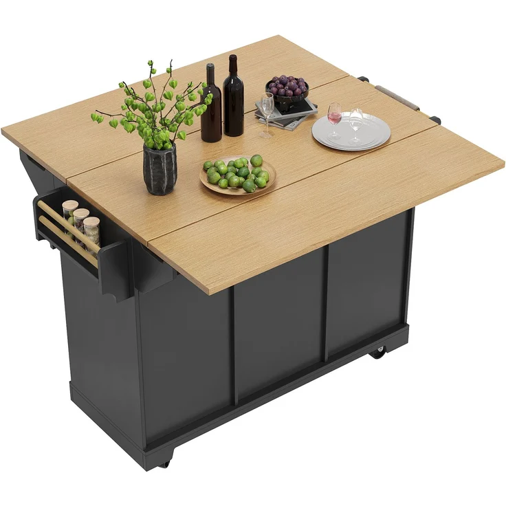 Kücheninsel, Schrank, Buffetschrank 120 x 40 (80) x 95 cm, ausziehbarer Küchenwagen mit Rollen, beidseitig ausziehbar, mit Handtuchhalter und Gewürzregal, zwei Türen, drei Schubladen, schwarz/weiß – Bild 8