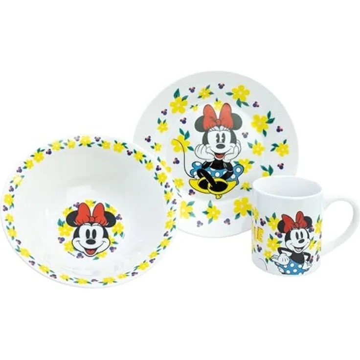 Disney Minnie Mouse Kinder Geschirr Set Keramik 3 teilig Teller Schüssel Becher in Geschenkbox