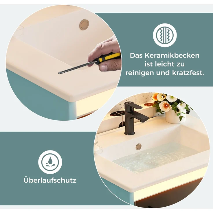 61*46.5*87cm, freistehender Badezimmerwaschtisch, komplett lackierte Oberfläche, integriertes Keramikbecken, Soft-Close-Scharniere, zwei Schubladen, hohes Fußdesign, blau. – Bild 10