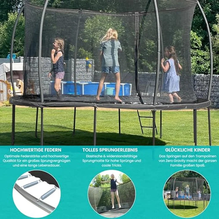 Zero Gravity Outdoor Trampolin Ø 427cm, TÜV-geprüftes Gartentrampolin inkl. Leiter und Aufbauvideo, sturmsicher mit gepolsterter Randabdeckung und Sicherheitsnetz – Bild 6