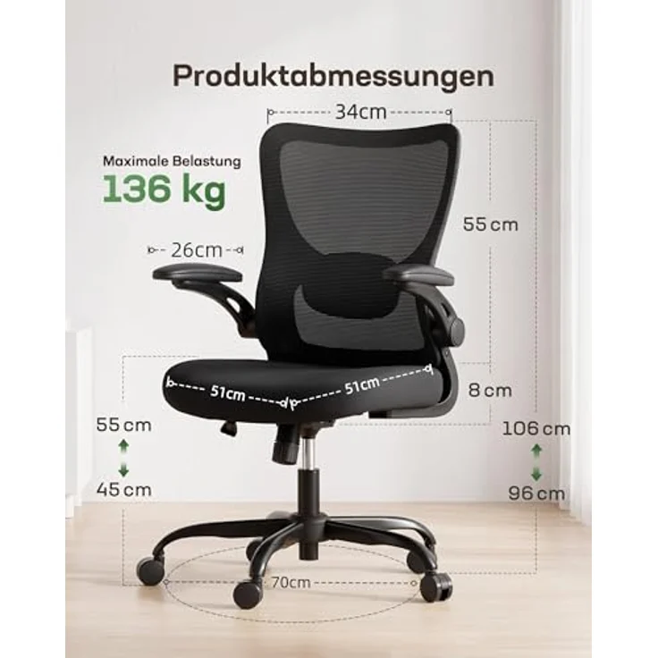 Marsail Bürostuhl Ergonomisch, Schreibtischstuhl mit 3D PU Armlehnen und Verstellbarer Lendenwirbelstütze, Drehstuhl Höhenverstellung und Wippfunktion, Chefsessel aus Mesh, Bis 136kg/300LBS – Bild 3