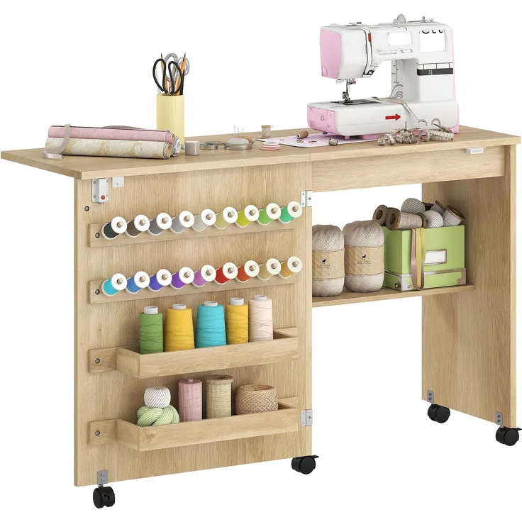 Rayofly-klappbarer Nähtisch Nähwagen mit magnetischer Schiebetür, 2 Behältern, Ablage und 18 Haken, Naturholz, H 76,5cm x T 116,3cm x B 49,5cm