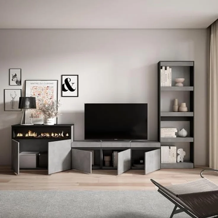 Skraut Home | Wohnwand Wohnzimmer | Wohnzimmermöbel, Möbelset | 310 x 186 x 35 cm | Für TV-Geräte bis zu 65" | Elektrokamin. | Moderner Stil | Zement – Bild 5