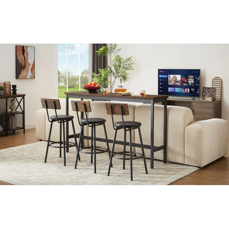 Bartisch-Set 160x40x94,5 cm mit 3 Barhockern, Spanplatte und Stahl, Rustikalbraun/Schwarz – Bild 3