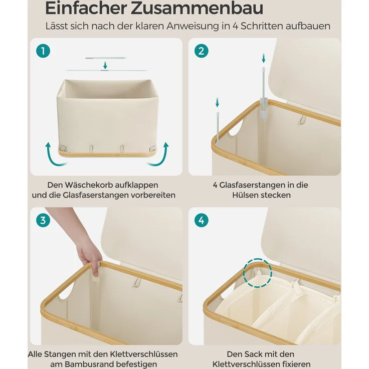 SONGMICS Wäschekorb mit Deckel und herausnehmbarem Wäschesack, zusammenklappbar, Bambus / Oxford-Gewebe cremeweiß, 150 l – Bild 4