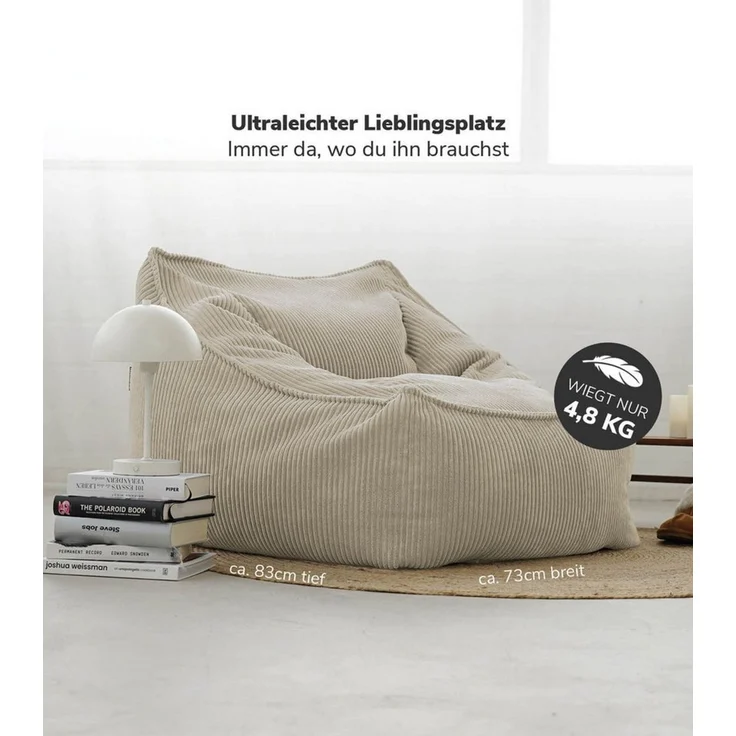 mokebo Sitzsack Sessel aus Cord 'Der Lümmel', XXL Sitzsack, Cord Sessel oder Sitz Sessel für Wohnzimmer und Wintergarten, auch als Riesensitzsack in 95 x 75 x 60 (BxHxT in cm) in Beige – Bild 2