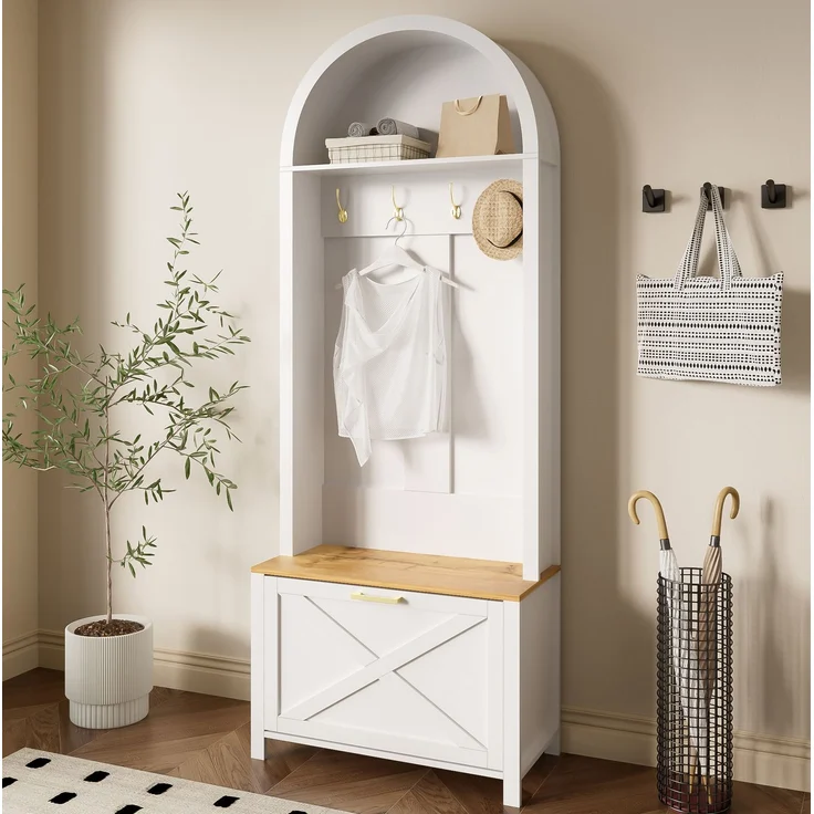 Garderobenschrank aus MDF mit Schuhfach, Ablage & Haken, 75x35x195 cm, Holzfarben/Weiß – Bild 2
