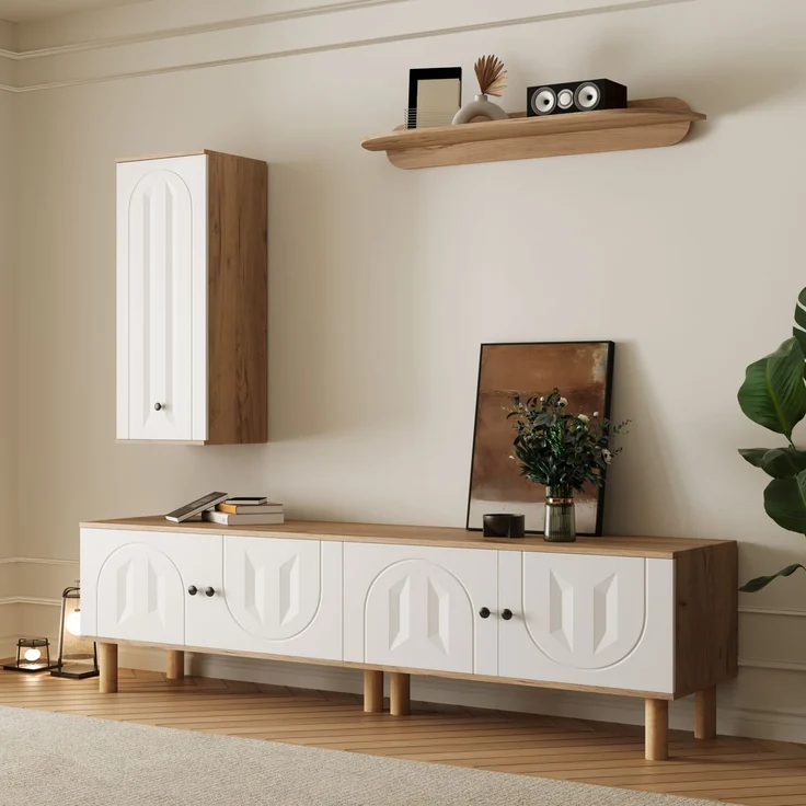 Wohnwand, 3-tlg, best, aus: Highboard, Schränke, Wandboard, Weiße und hölzerne, geschnitzte Türpaneele.--Weiß+Natur--110.01x45.09x17.68cm--YOUDENOVA – Bild 9