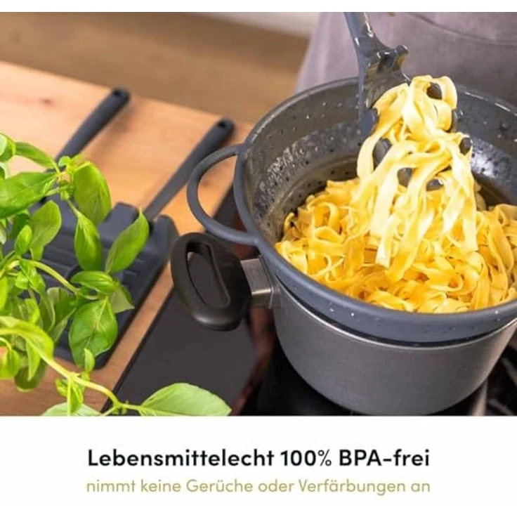 Hoffmann Germany Nudellöffel Pastalöffel Silikon Edelstahl 29,5 cm anthrazit, Portionshilfe 110g, Topfhaken, kratzerfrei, spülmaschinengeeignet – Bild 2