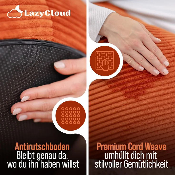 LazyCloud Sitzsack für Erwachsene mit integrierter [Nackenstütze] Cord | XXL Indoor Bean Bag mit Füllung | perfekt als Chill-, Lese- oder Gaming Sessel (90 x 80 x 70 cm) (Korallrot) – Bild 5