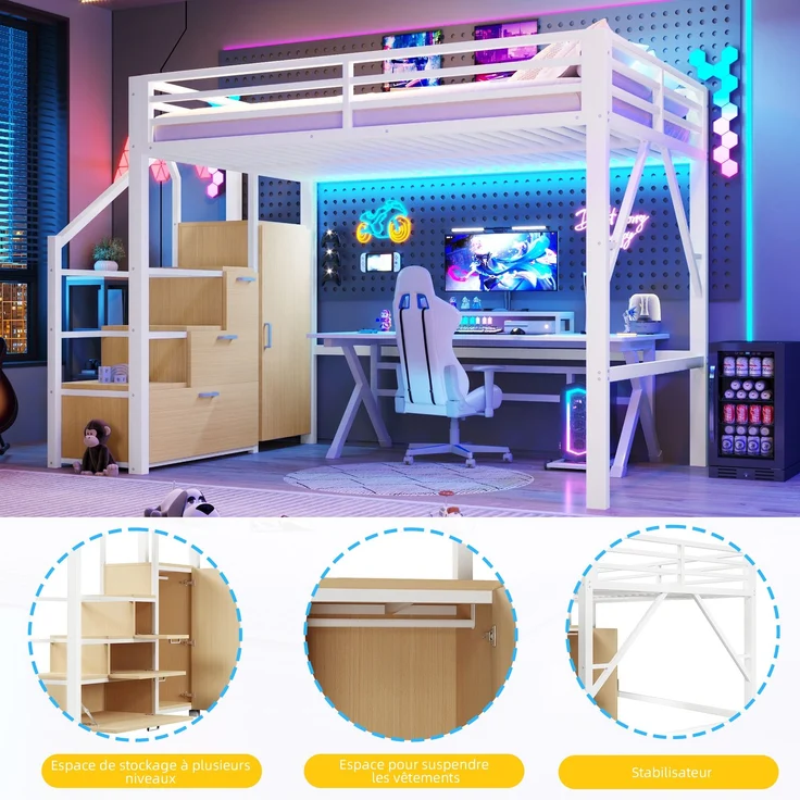 U-life Metall-Hochbett 140x200 cm mit Kleiderschrank, Staufächern, Treppe und LED-Beleuchtung, Weiß – Bild 4