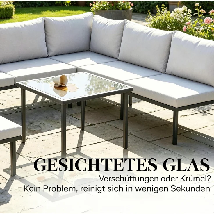 6-teiliges Gartenlounge-Set mit Glas-Couchtisch, 64x116x60,5 cm, Schwarz/Hellgrau – Bild 6