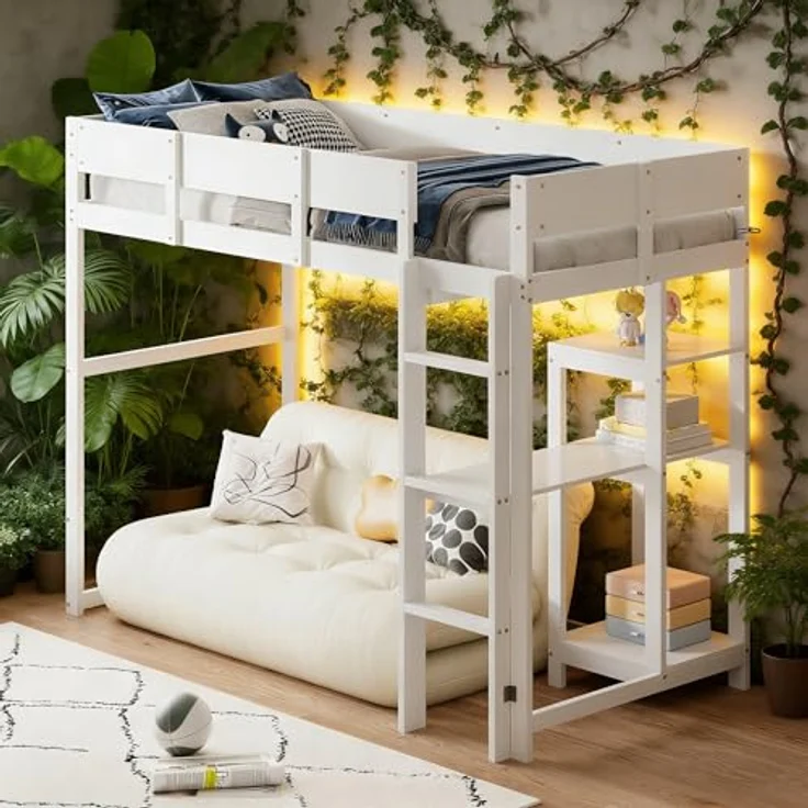 Ball & Cast Loft Bed (90x200 cm) mit Lagerregal, Holzerner Bettgestell mit Leiter und Geländer, Einfach und Zeitsparend Montierbar, Stabil & Rauschlos, Weiß – Bild 6
