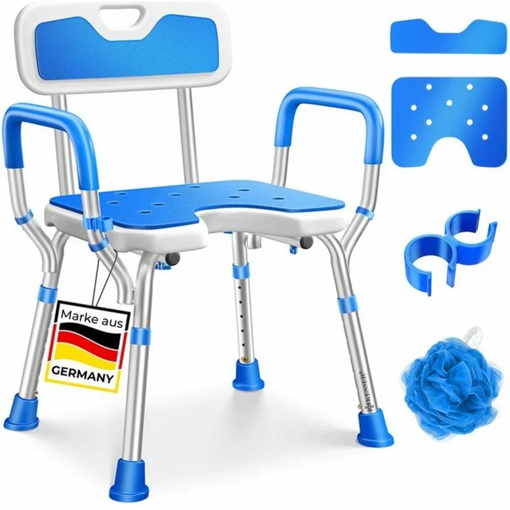 KESSER® Duschhocker mit Lehne höhenverstellbar in 6 Stufen 38-54cm | Badhocker 150KG belastbar Duschstuhl Anti-Rutsch Füße & Matten | Duschhilfe Senioren & Schwangere Duschsitz mit Brausehalterung Weiß / Blau – Bild 4