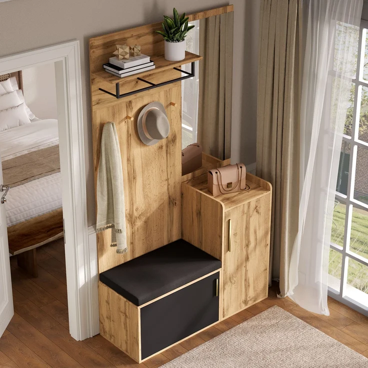 Kompakter Kleiderschrank mit Spiegel und Sitzbank, Flurschrank mit Schuhregal und Haken, kompakter Kleiderschrank, Flurmöbelset(Not a one-piece product, holes need to be drilled in the wall.) – Bild 7
