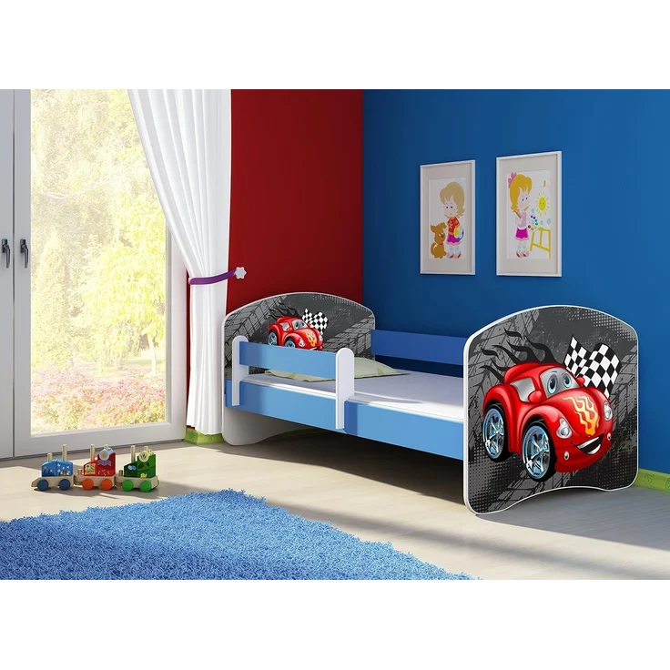ACMA Kinderbett Jugendbett mit Einer Schublade und Matratze Blau mit Rausfallschutz Lattenrost II 140x70 160x80 180x80 (05 Rote Auto, 140x70) – Bild 2