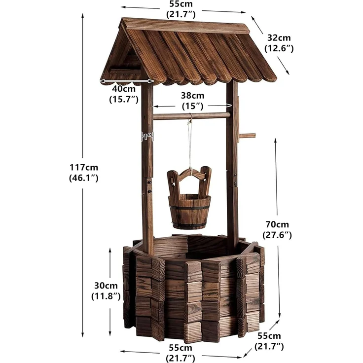 Aoxun Pflanztopf Wunschbrunnen Holz, Ziehbrunnen Pflanzenständer, Wunschbrunnen Pflanzkübel, 54x54x118cm, Dekobrunnen für Garten, Gartenbrunnen Blumenkübel,Natürlicher Holzfarbton – Bild 2