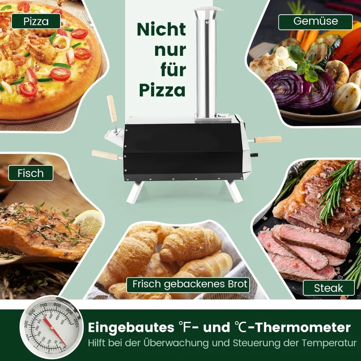 Outdoor Pizzaofen mit Pizzastein & Pizzaschaufel & Thermometer & Klappbaren Beinen – Bild 3