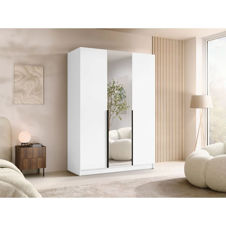 Mirjan24 'Cikzori' Kleiderschrank mit Einlegeböden und Kleiderstange, 3-türig, Laminatplatte, 215 x 58 x 150 cm, Weiß / Schwarz, mit Spiegeltür – Bild 2