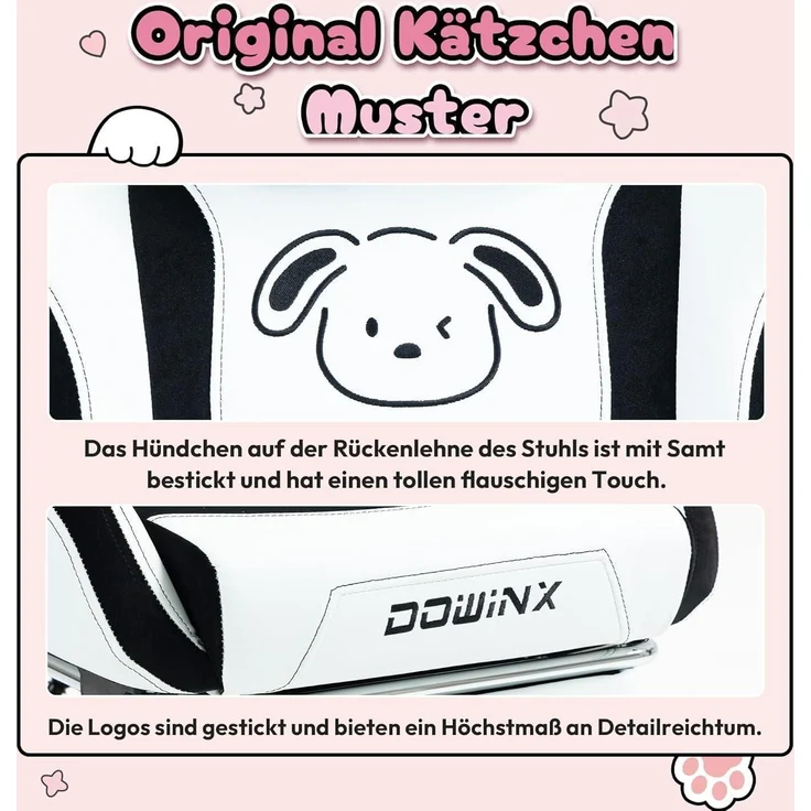 Dowinx Gaming Stuhl Süße Hund Edition Ergonomisch PU-Leder weiß Kaninchen – Bild 6