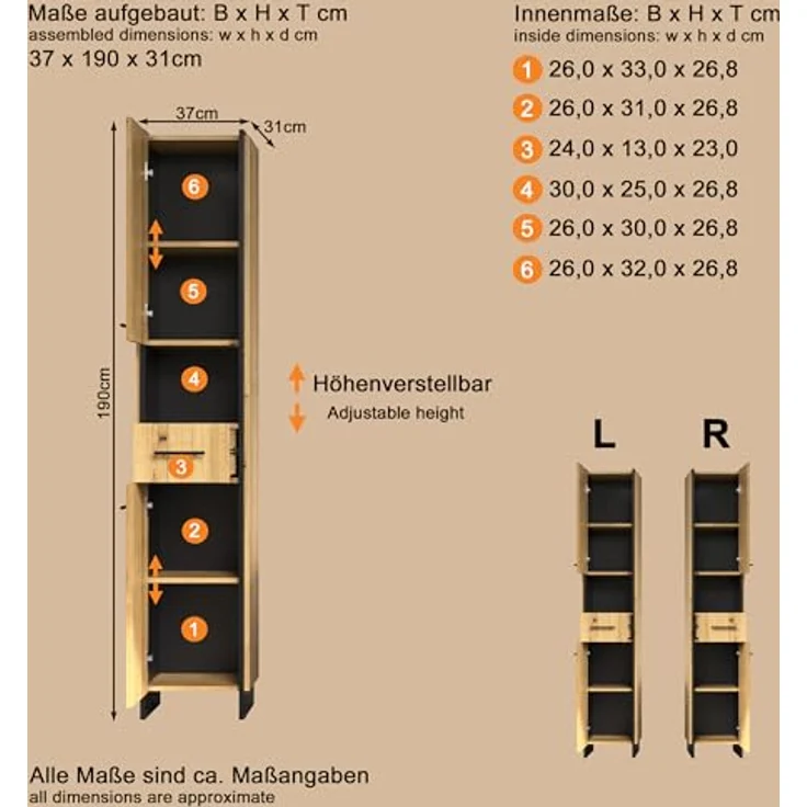 trendteam smart living - Safiya - Hochschrank - Eiche/Schwarz - Hochschrank mit 2 Türen 2 Einlegeböden 1 Schubkasten mit Vollauszug und 1 offenes Fach - (BxHxT) 37 x 190 x 31 cm – Bild 4