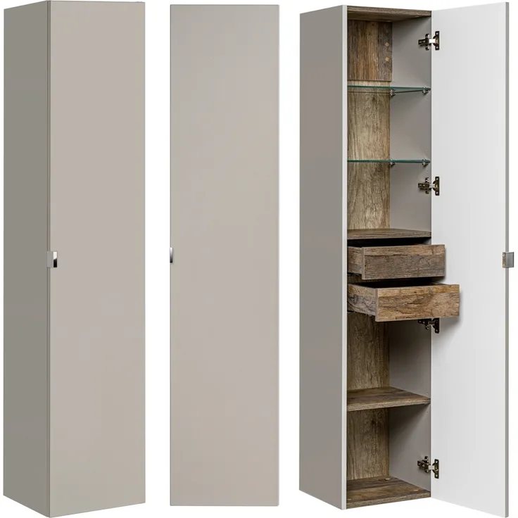 Badmöbel Hochschrank PUEBLA-56-TAUPE in taupe mit Vintage Oak Eiche, 1 Tür, B/H/T: 35/160/33 cm