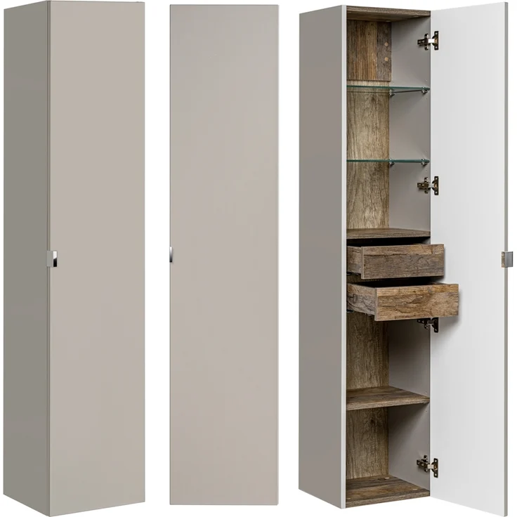 Badmöbel Hochschrank PUEBLA-56-TAUPE in taupe mit Vintage Oak Eiche, 1 Tür, B/H/T: 35/160/33 cm – Bild 1
