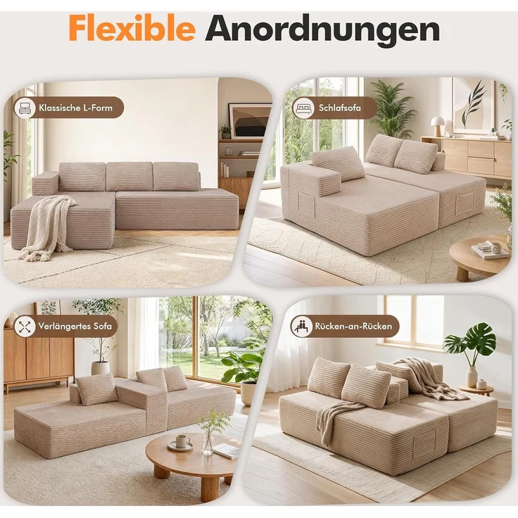 COMHOMA Ecksofa mit Schlaffunktion, 228cm Corduroy Modulares Boneless Couch mit Chaiselongue & Rücken-Metallgestell, L-Form Schlafsofa mit offenem Design, Kissen & Seitentaschen,für Wohnzimmer, Beige-R – Bild 5