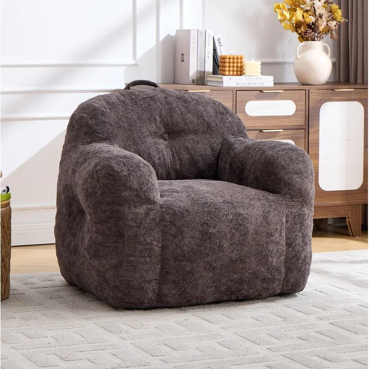 Sitzsack in Dunkelgrau 95cm×95cm×79cm mit Armlehnen und Kunstfell – ergonomischer Loungesessel ohne Montage