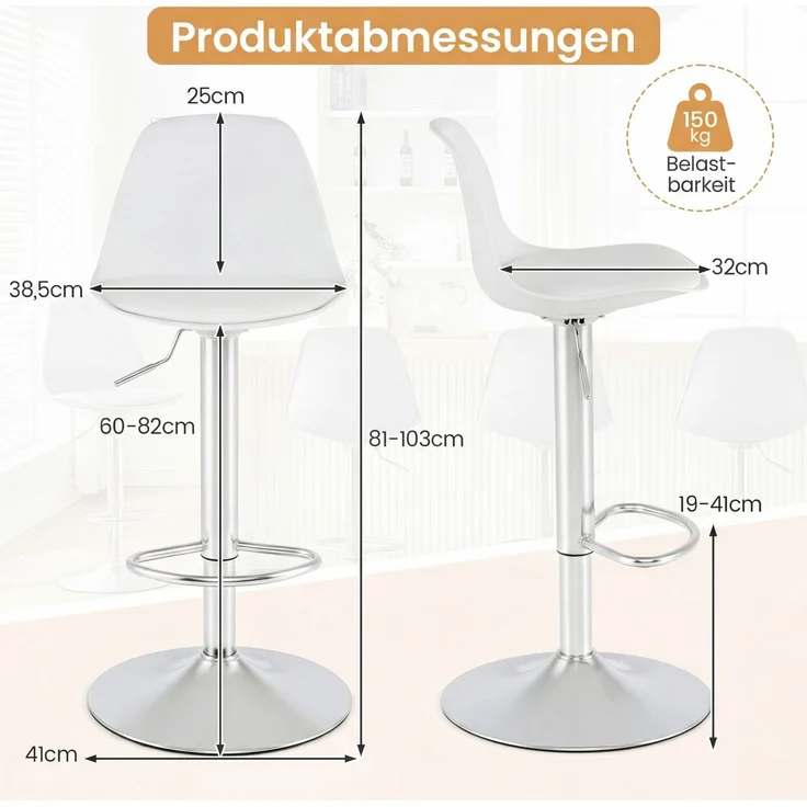 2er Set Barhocker 360 °Drehbarer Barstuhl Höhenverstellbarer Tresenhocker Küchenhocker Weiß SH748 – Bild 2